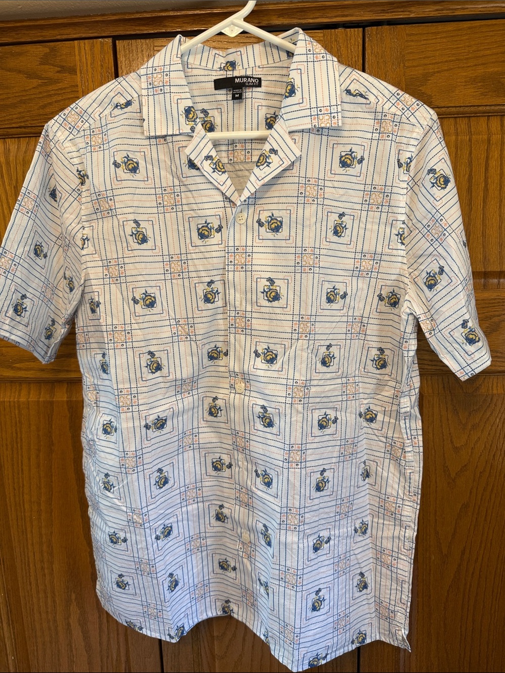 Murano White Short-Sleeve Camp Shirt with Blue and Yellow Motif- Medium-Slim Fit